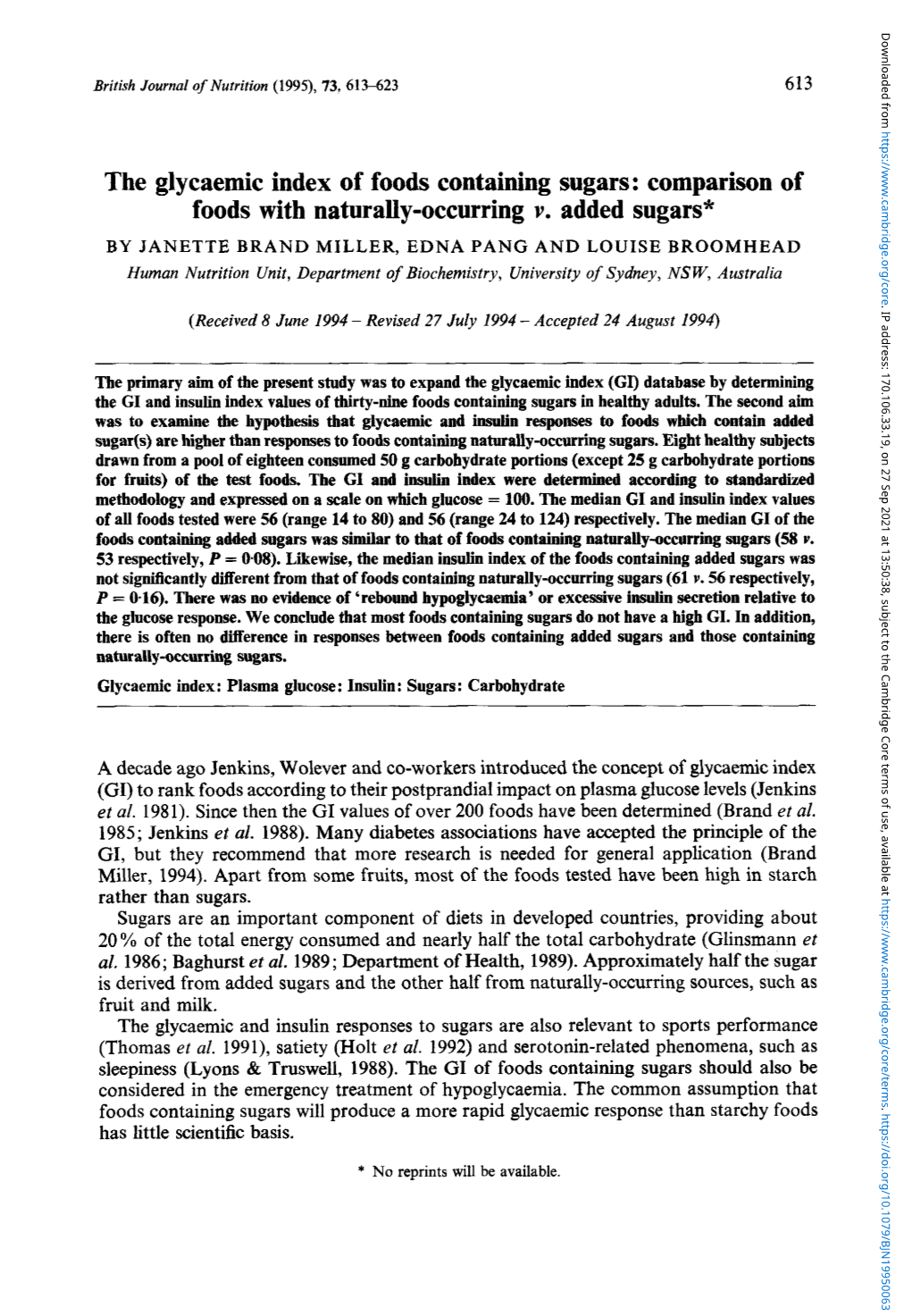 The Glycaemic Index of Foods Containing Sugars: Comparison of Foods with Naturally-Occurring V