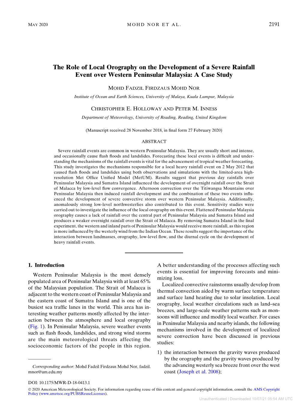 The Role of Local Orography on the Development of a Severe Rainfall Event Over Western Peninsular Malaysia: a Case Study