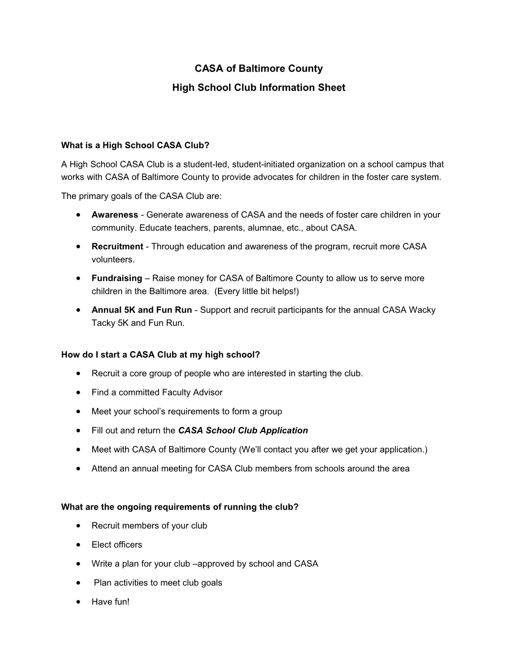 High School Club Information Sheet