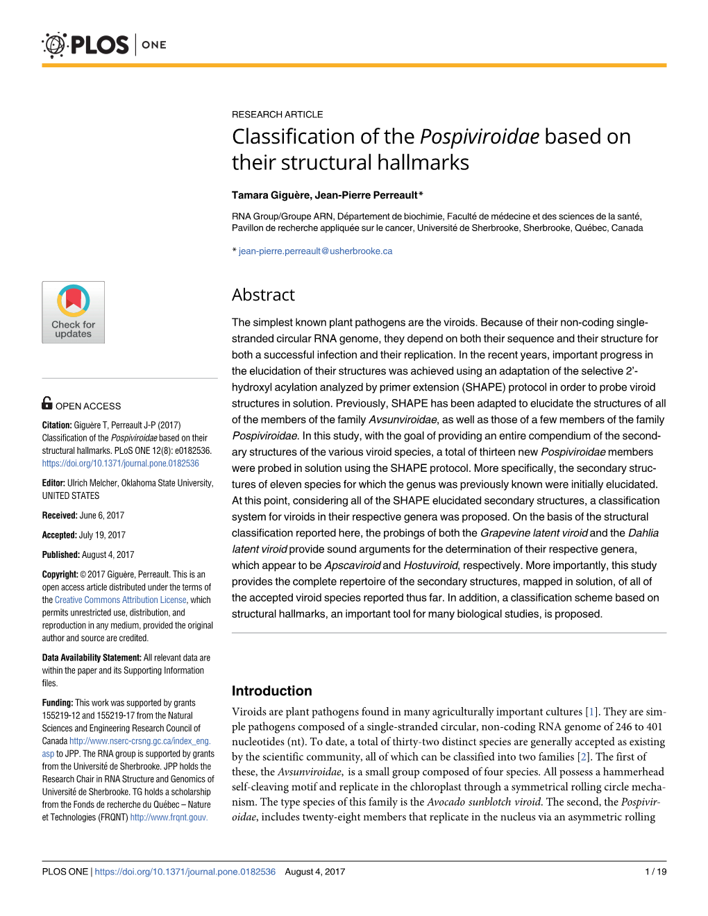 Classification of the Pospiviroidae Based on Their Structural Hallmarks