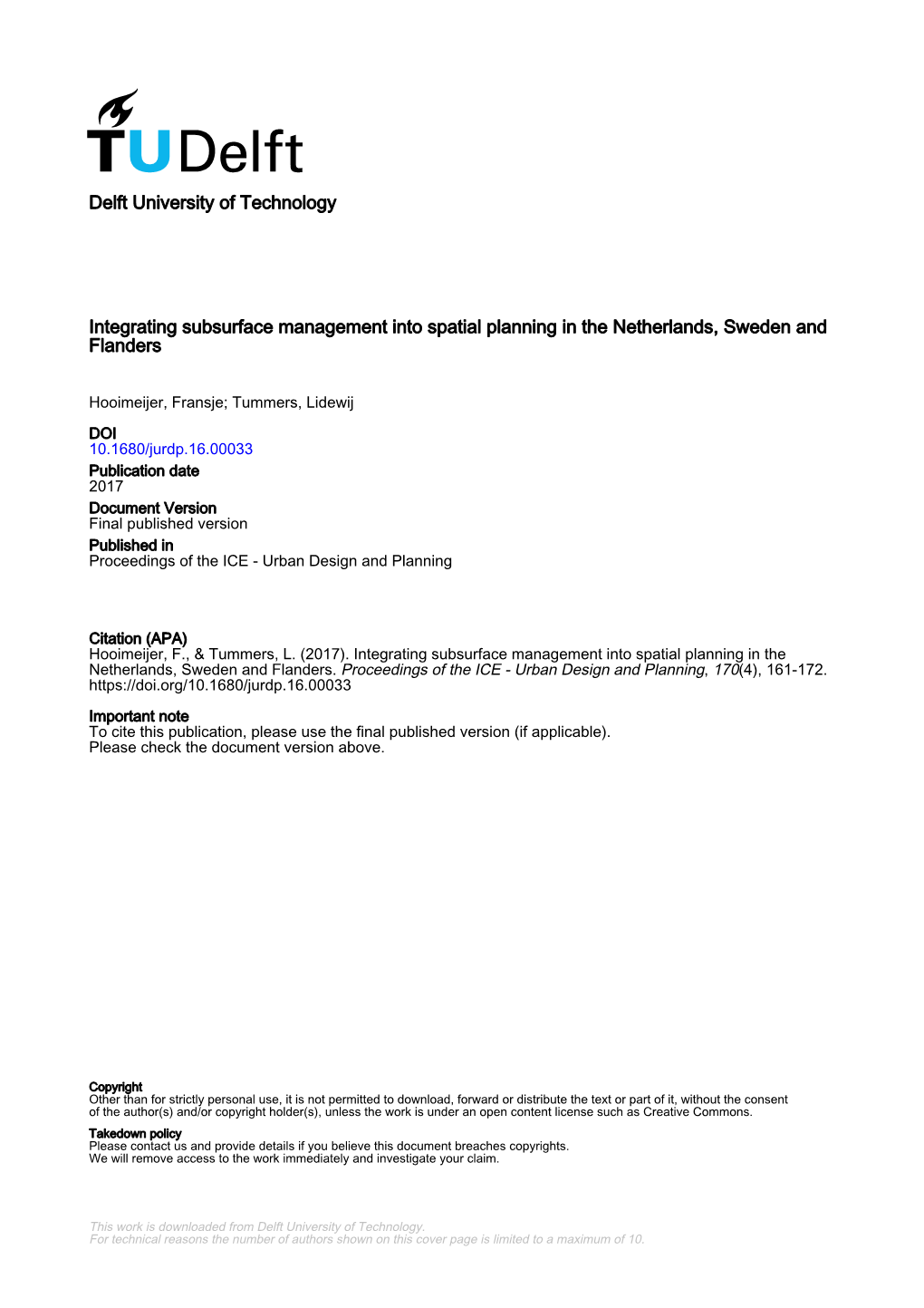 Integrating Subsurface Management Into Spatial Planning in the Netherlands, Sweden and Flanders