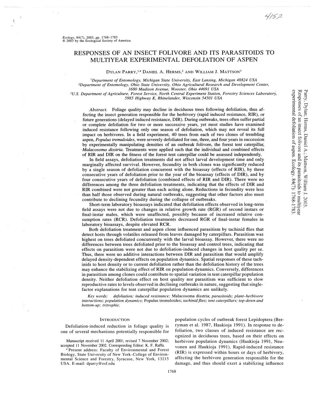 Responses of an Insect Folivore and Its Parasitoids to Multiyear Experimental Defoliation of Aspen