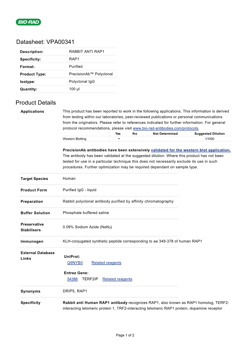 Datasheet: VPA00341 Product Details