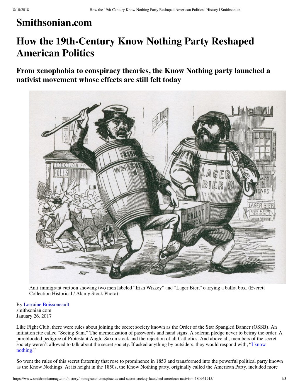 Smithsonian.Com How the 19Th-Century Know Nothing Party Reshaped American Politics