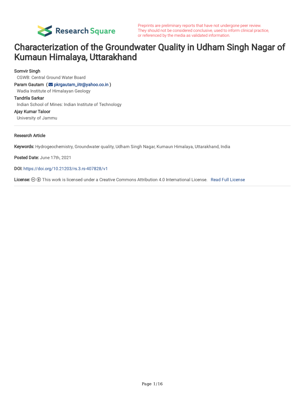 Characterization of the Groundwater Quality in Udham Singh Nagar of Kumaun Himalaya, Uttarakhand