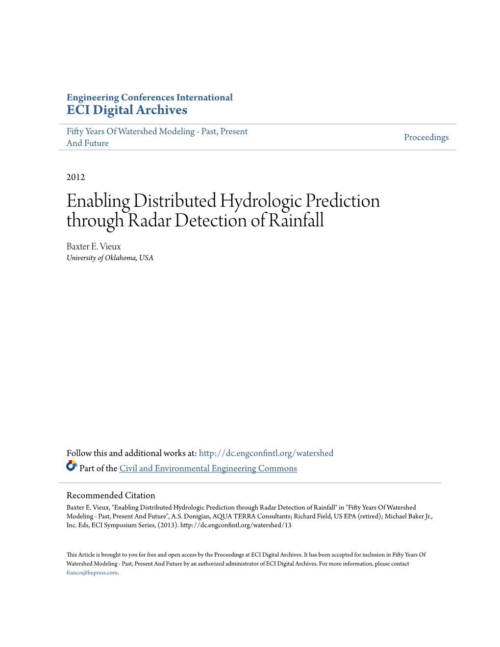 Enabling Distributed Hydrologic Prediction Through Radar Detection of Rainfall Baxter E