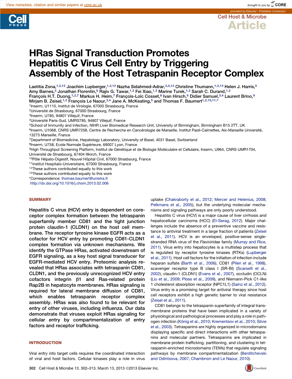 Hras Signal Transduction Promotes Hepatitis C Virus Cell Entry by Triggering Assembly of the Host Tetraspanin Receptor Complex