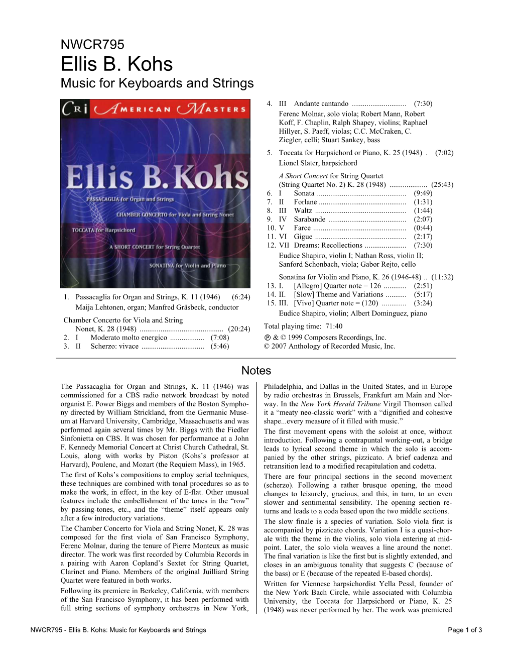 Ellis B. Kohs Music for Keyboards and Strings