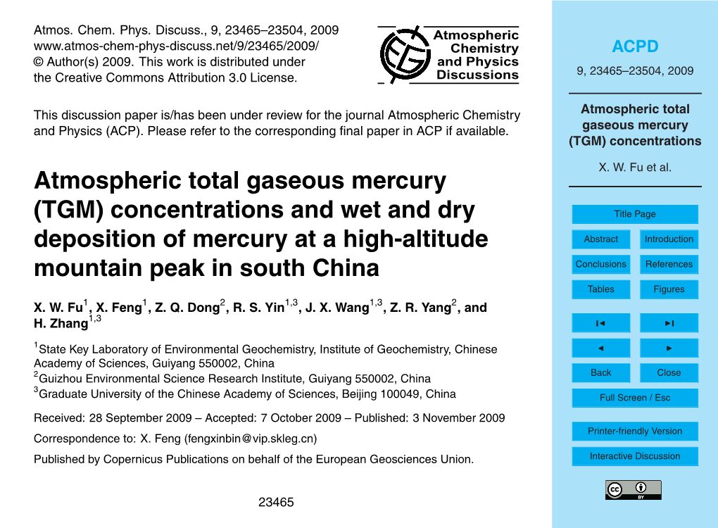 Atmospheric Total Gaseous Mercury (TGM) Concentrations