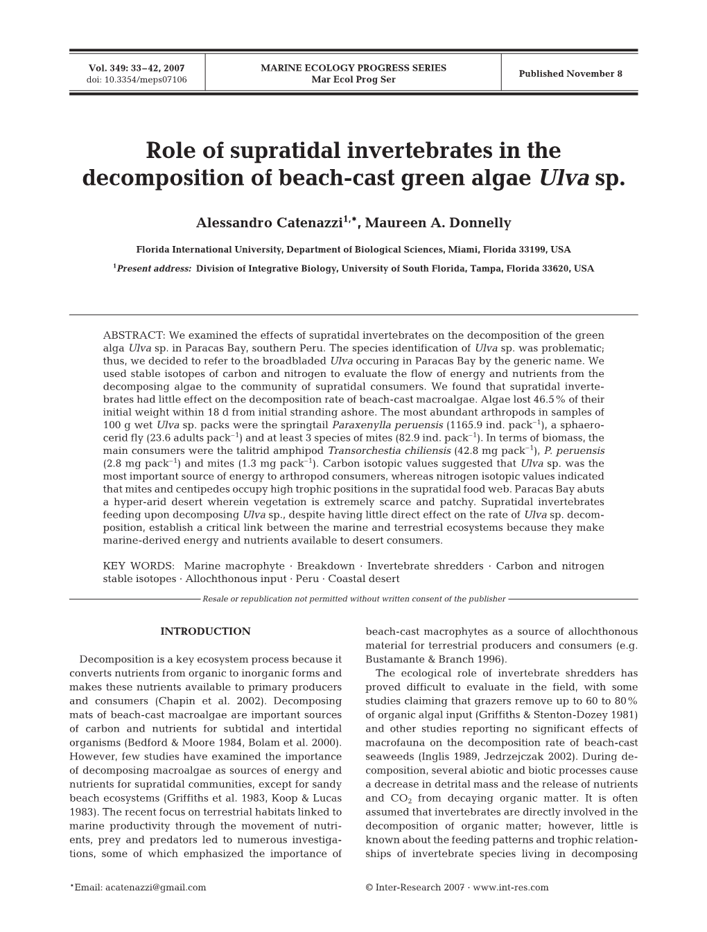 Role of Supratidal Invertebrates in the Decomposition of Beach-Cast Green Algae Ulva Sp