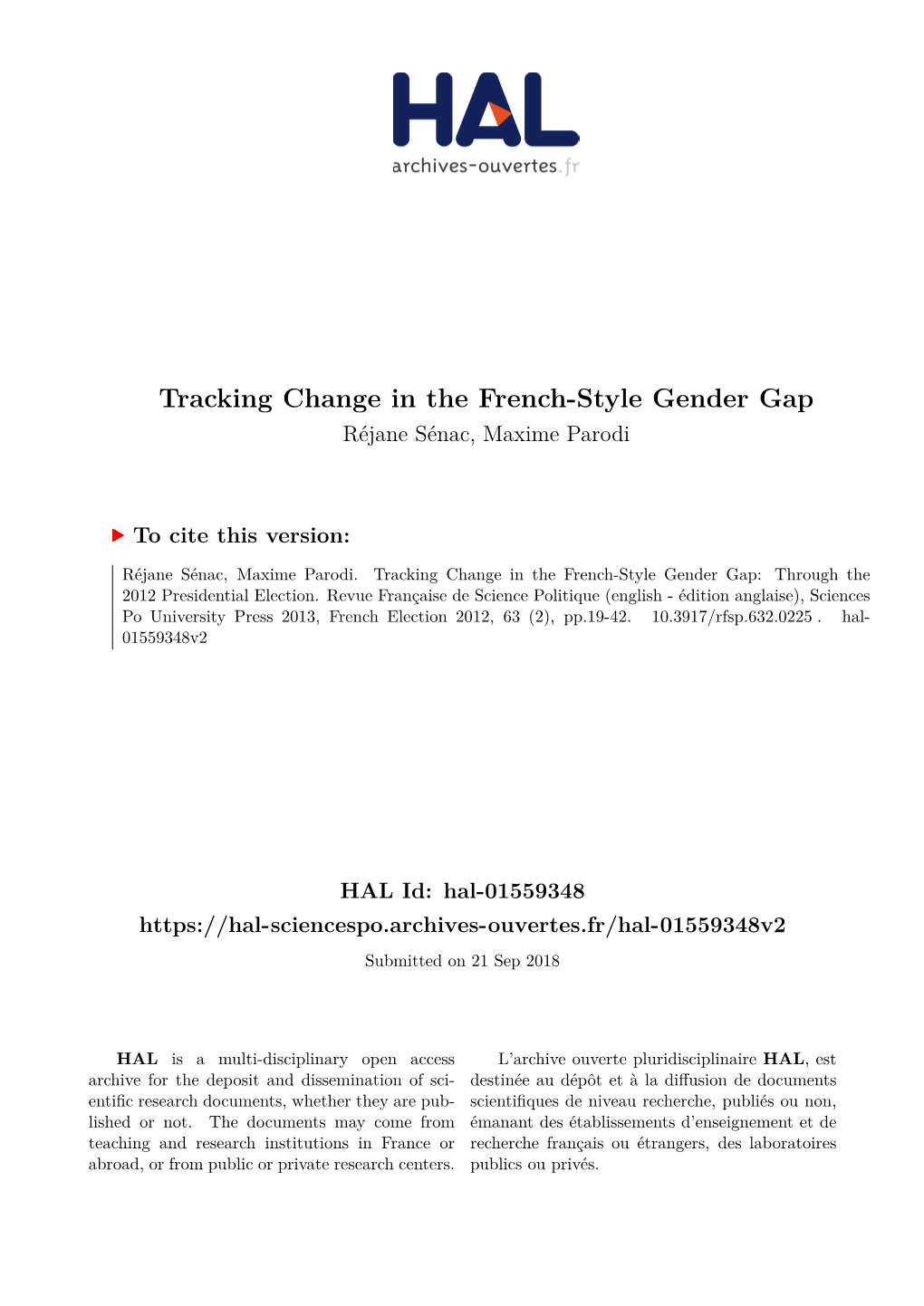 Tracking Change in the French-Style Gender Gap Réjane Sénac, Maxime Parodi