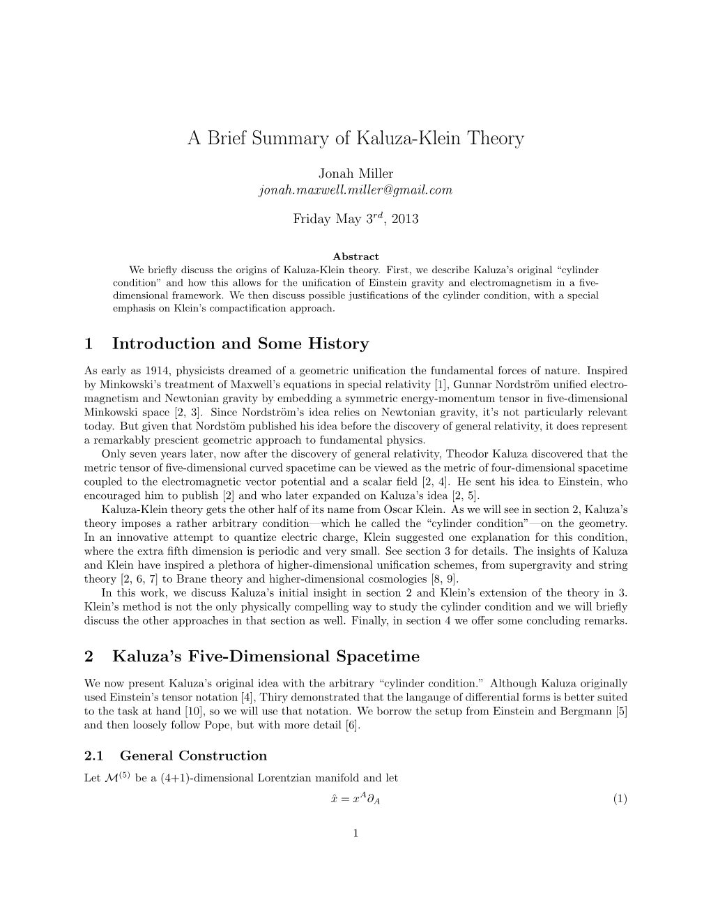A Brief Summary of Kaluza-Klein Theory
