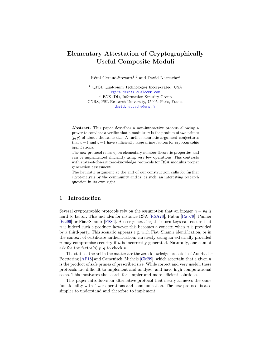 Elementary Attestation of Cryptographically Useful Composite Moduli