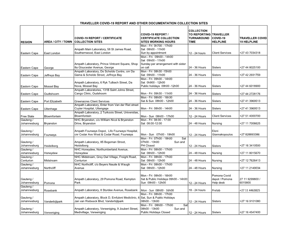 Traveller Covid-19 Report and Other Documentation Collection Sites