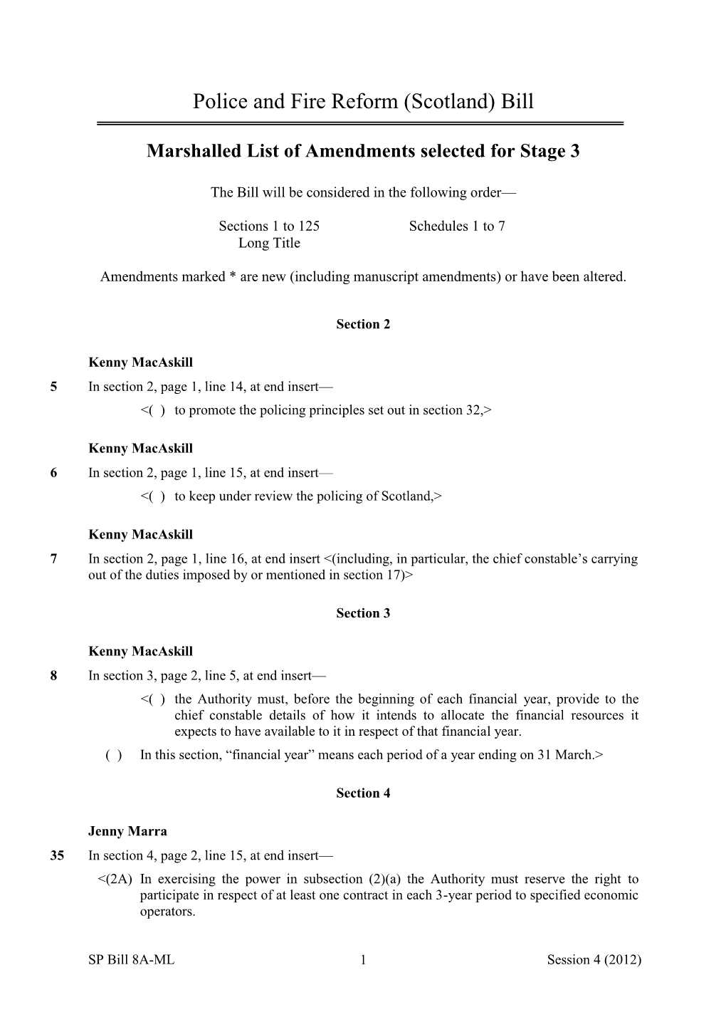 Marshalled List of Amendments for Stage 3