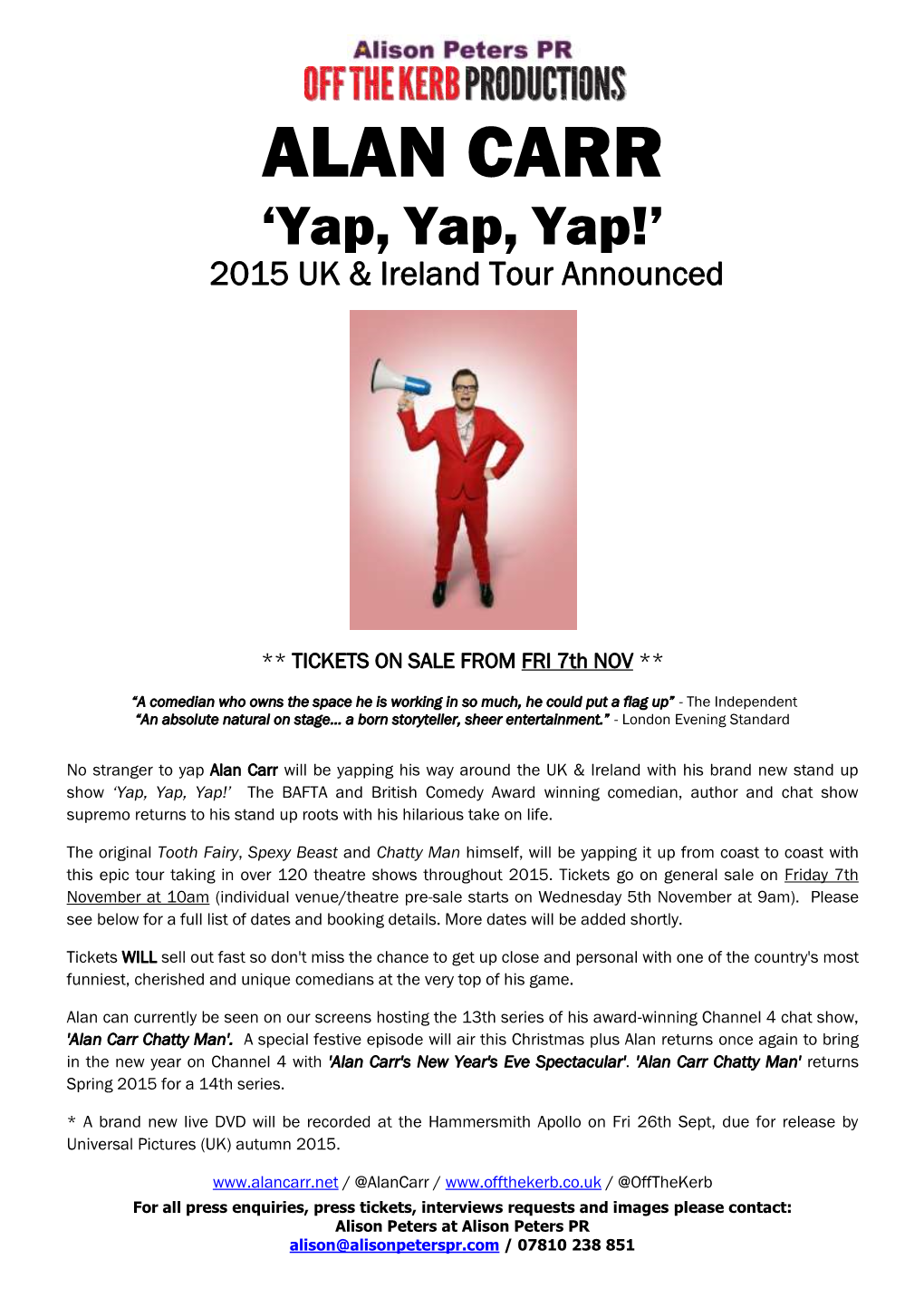 ALAN CARR ‘Yap, Yap, Yap!’ 2015 UK & Ireland Tour Announced