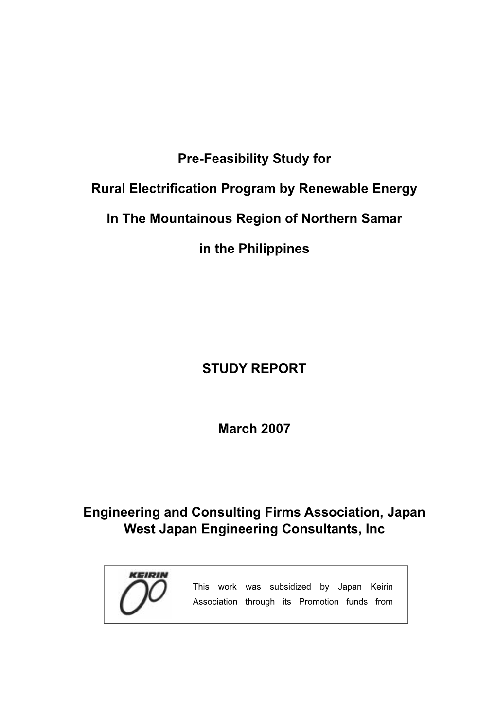 Pre-Feasibility Study for Rural Electrification Program By
