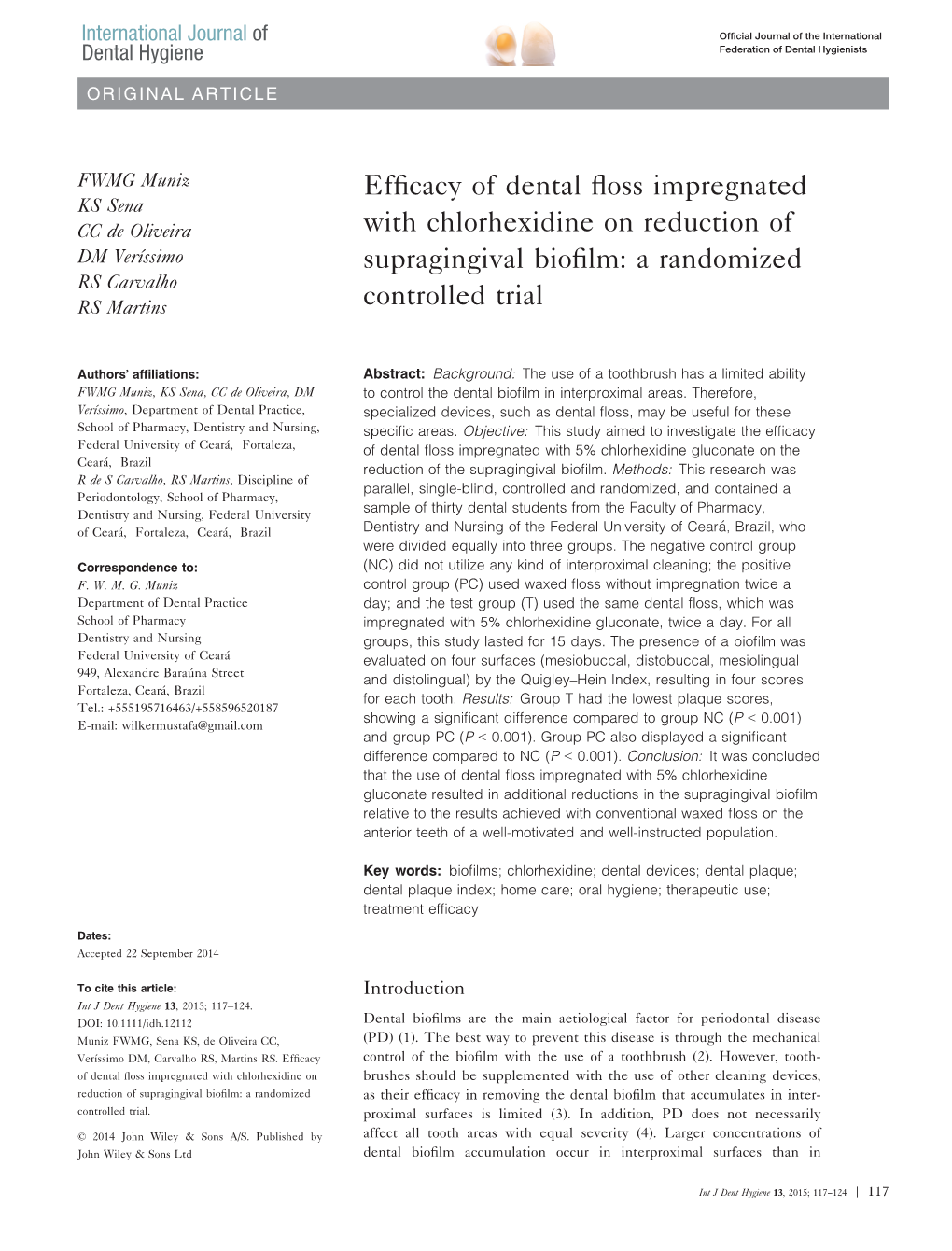 Efficacy of Dental Floss Impregnated with Chlorhexidine on Reduction Of