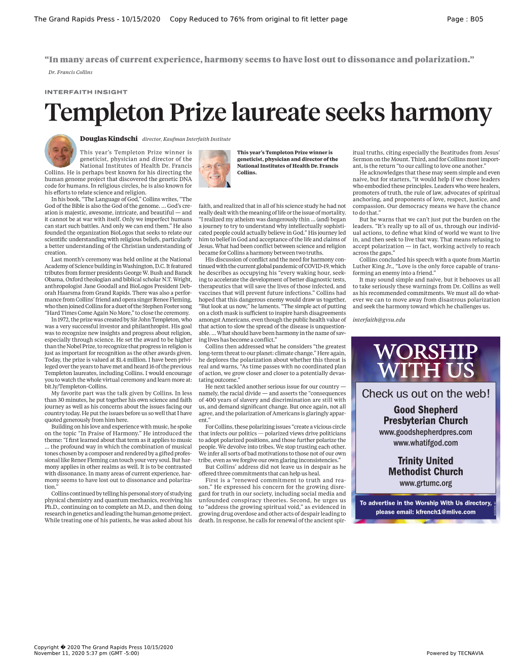 Templeton Prize Laureate Seeks Harmony