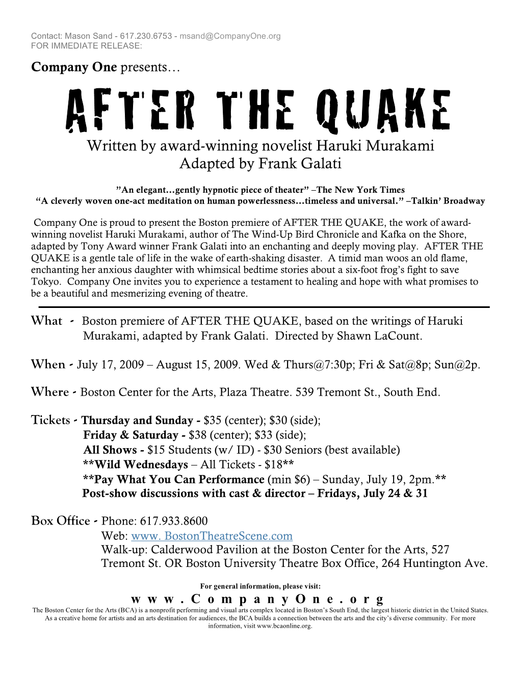 AFTER the QUAKE Written by Award-Winning Novelist Haruki Murakami Adapted by Frank Galati