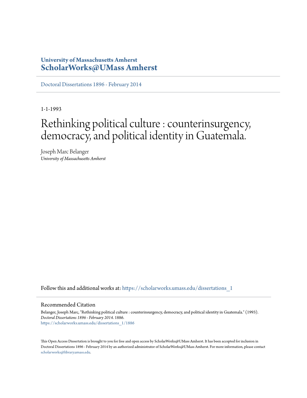 Rethinking Political Culture : Counterinsurgency, Democracy, and Political Identity in Guatemala