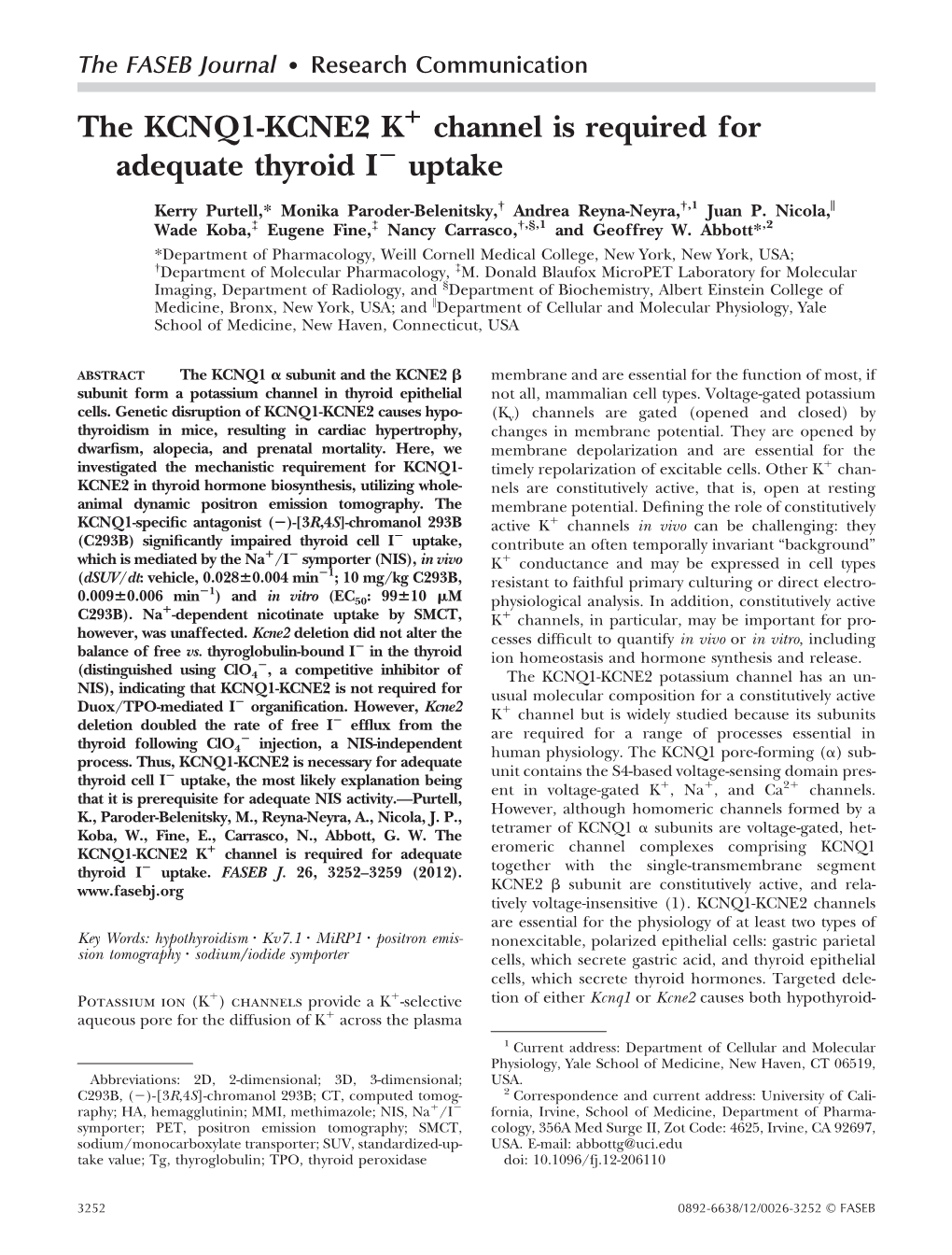 The KCNQ1-KCNE2 K Channel Is Required for Adequate Thyroid I Uptake