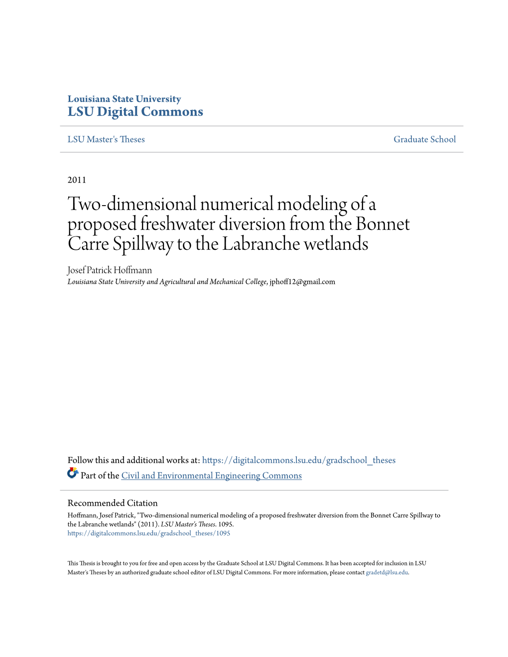 Two-Dimensional Numerical Modeling of a Proposed Freshwater Diversion from the Bonnet Carre Spillway to the Labranche Wetlands