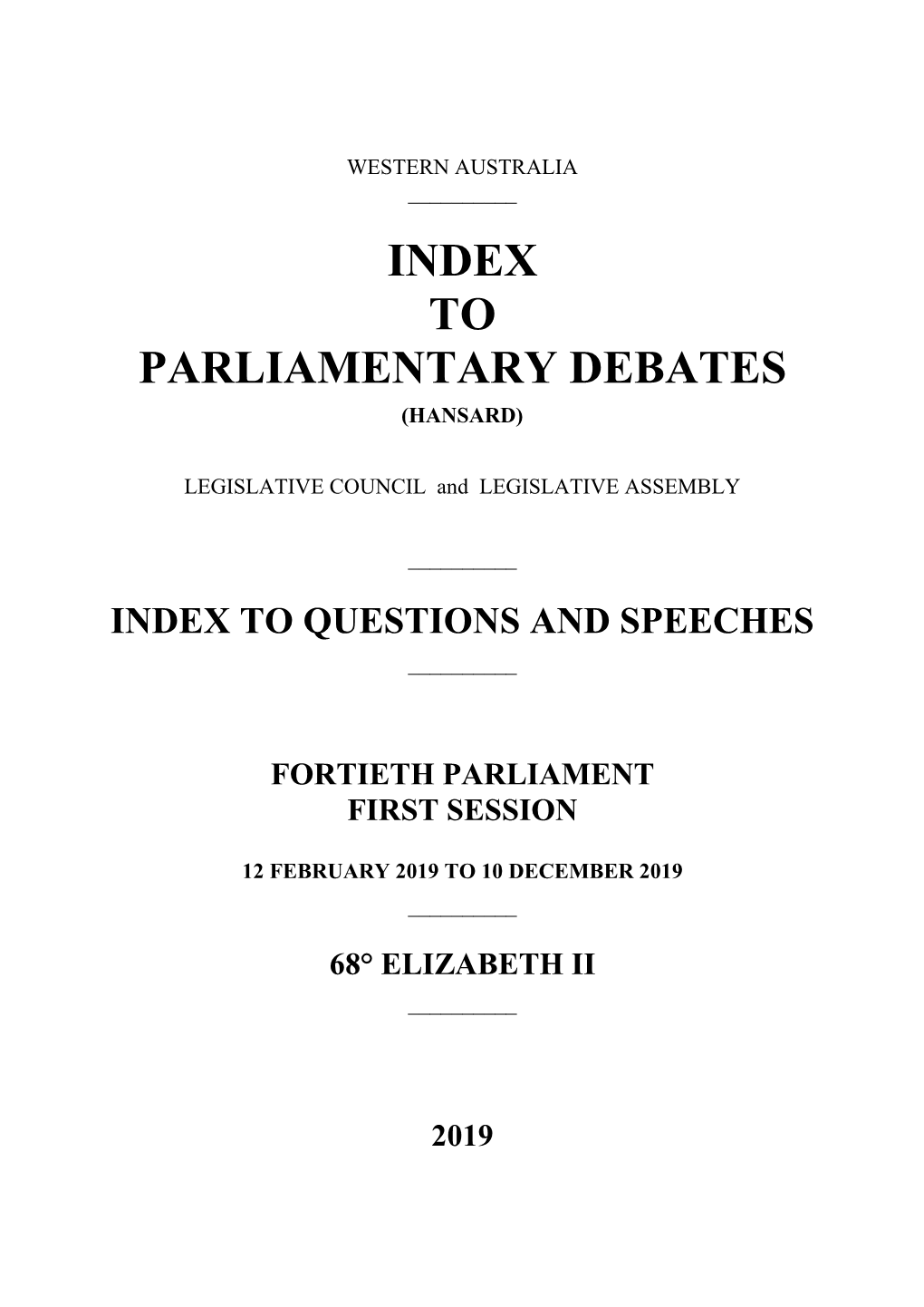 Index to Parliamentary Debates (Hansard)