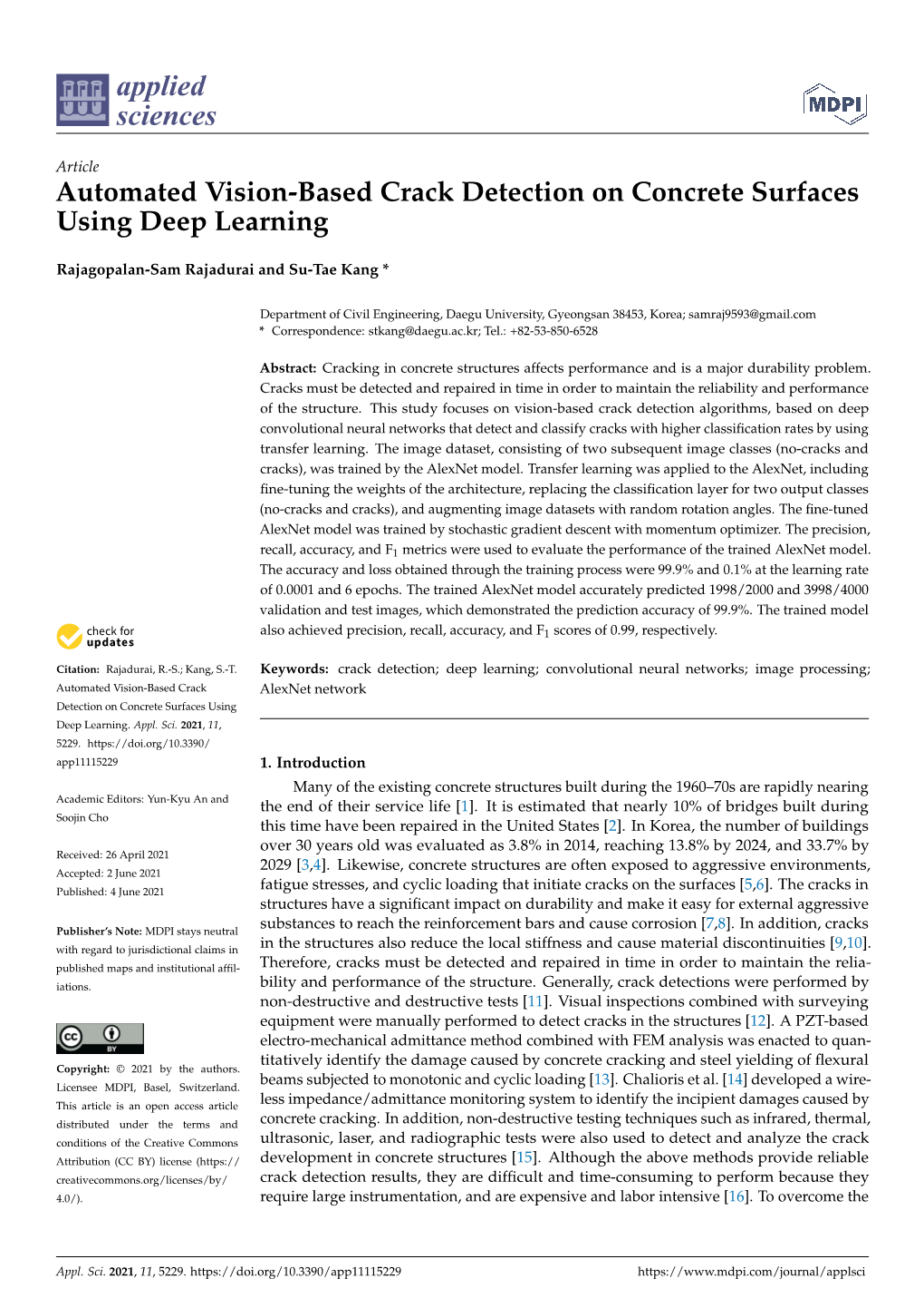 Automated Vision-Based Crack Detection on Concrete Surfaces Using Deep Learning