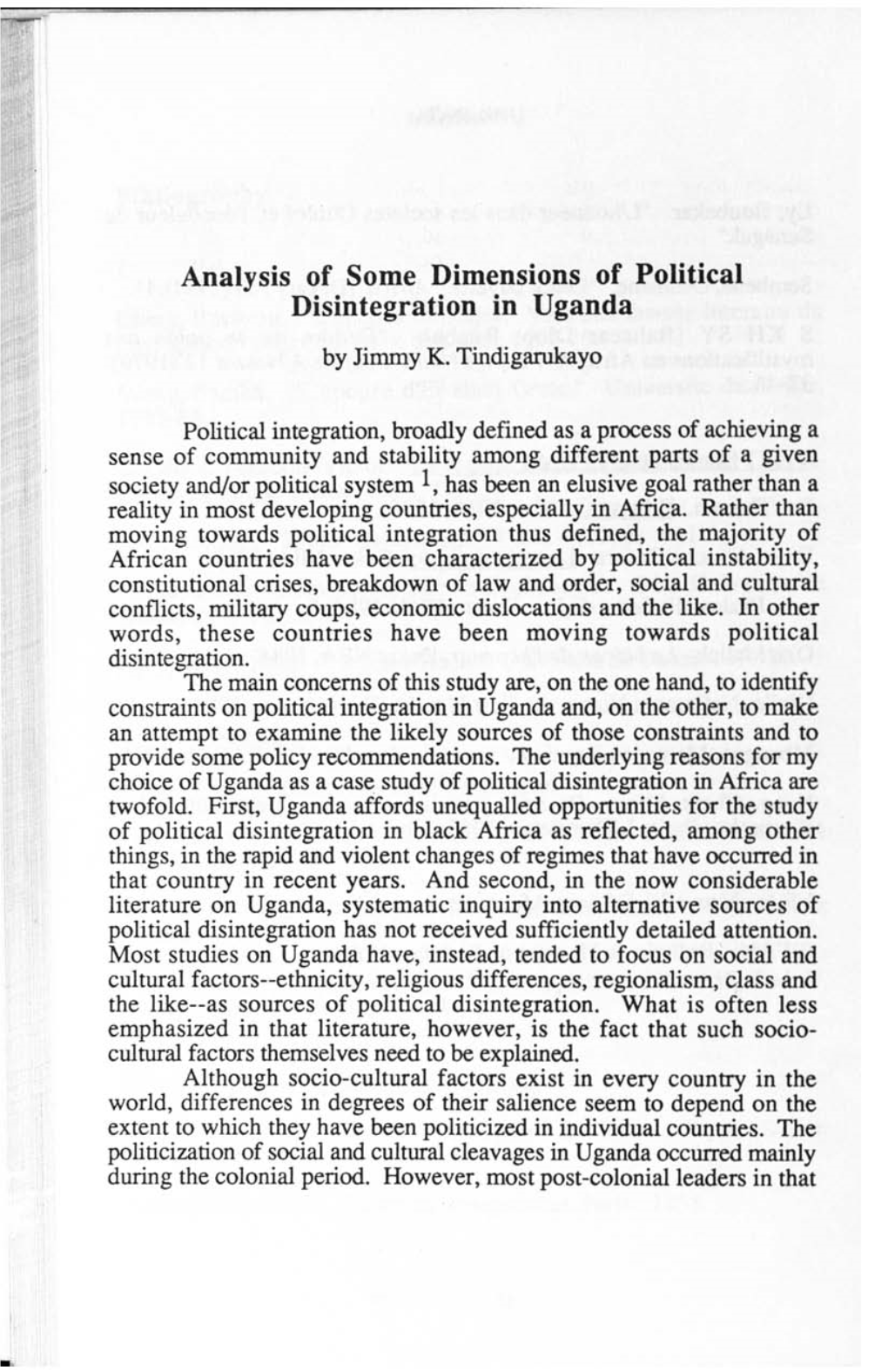 Analysis of Some Dimensions of Political Disintegration in Uganda