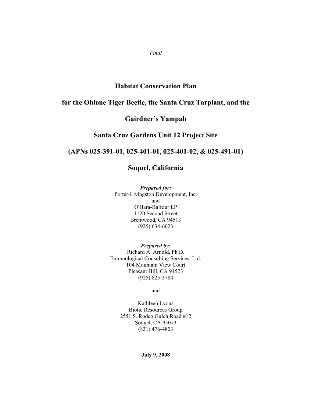 Habitat Conservation Plan for the Ohlone Tiger Beetle, the Santa Cruz Tarplant, and The