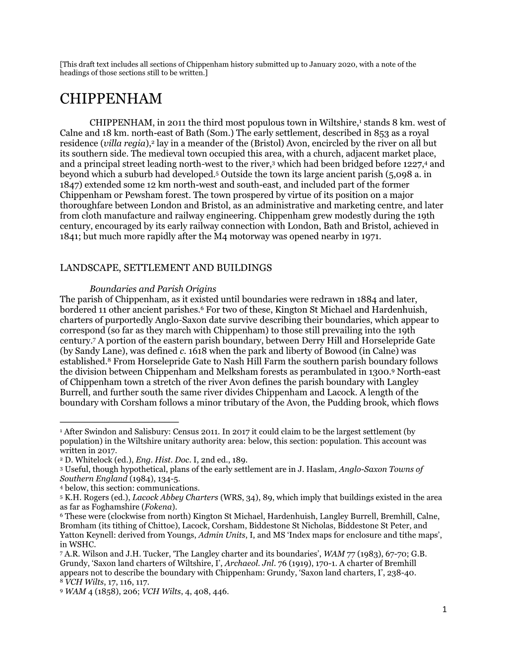 Chippenham History Submitted up to January 2020, with a Note of the Headings of Those Sections Still to Be Written.]