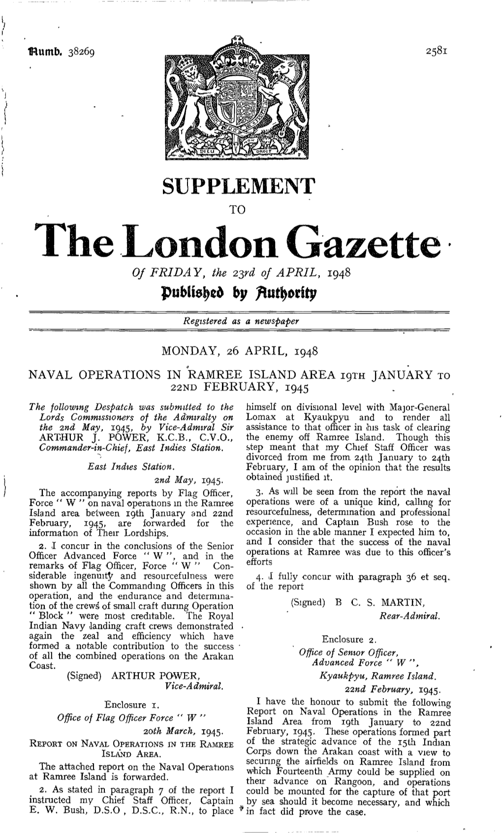 Of FRIDAY, the 2$Rd of APRIL, 1948 MONDAY, 26 APRIL, 1948 NAVAL OPERATIONS in RAMREE ISLAND AREA 22ND FEBRUARY, 1945 JANUARY TO