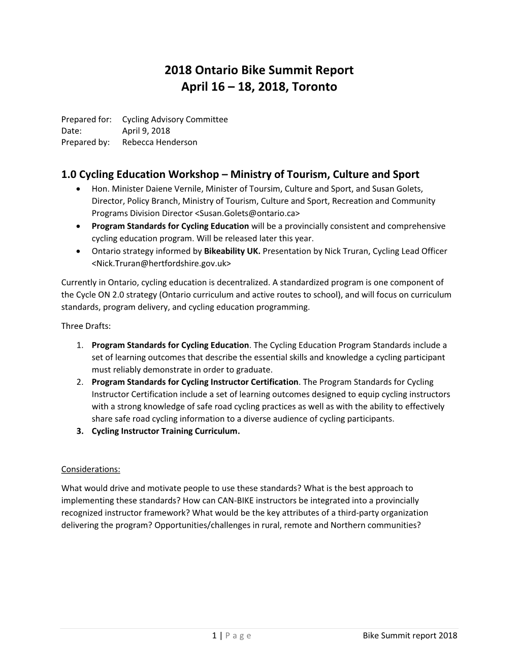 2018 Ontario Bike Summit Report April 16 – 18, 2018, Toronto