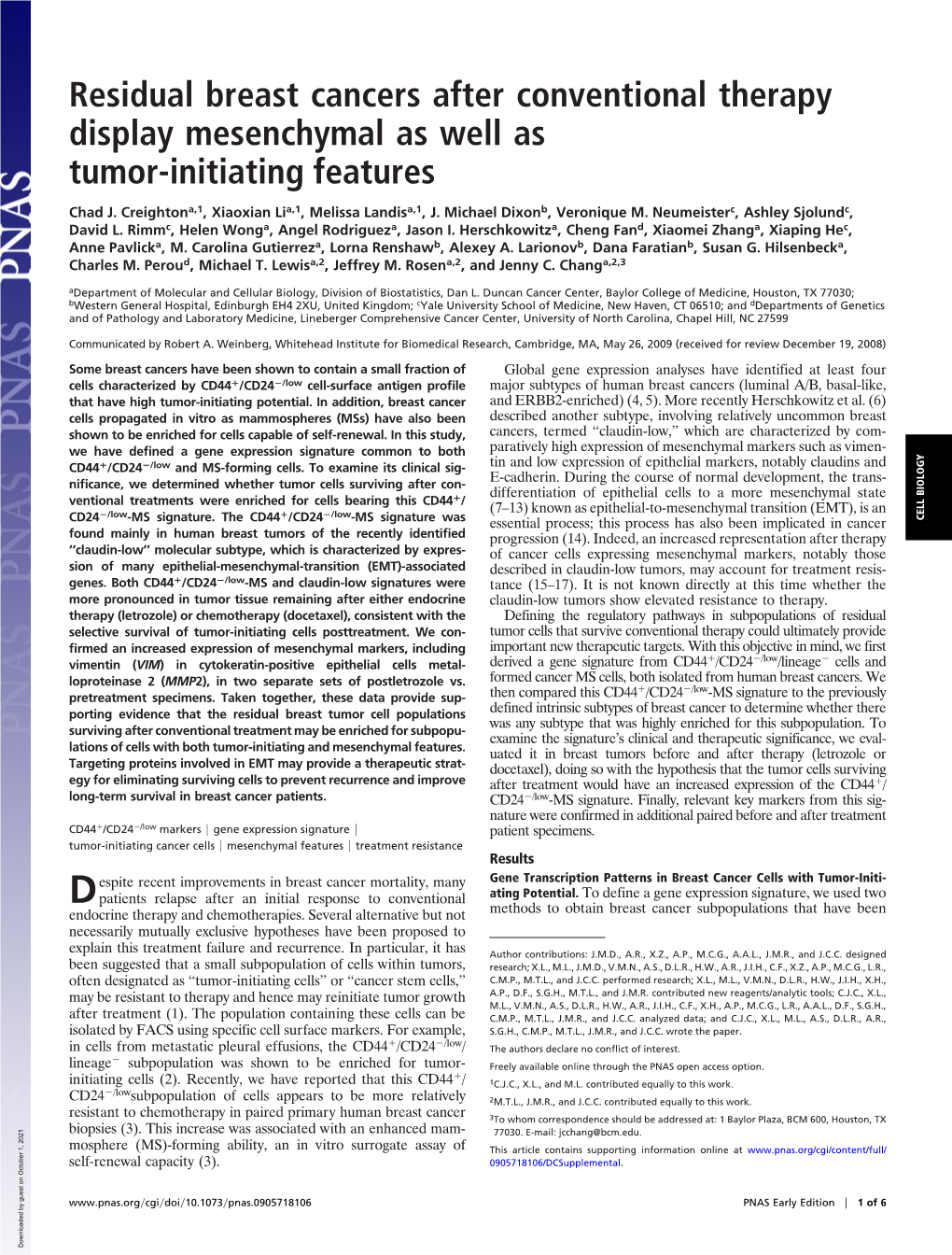 Residual Breast Cancers After Conventional Therapy Display Mesenchymal As Well As Tumor-Initiating Features