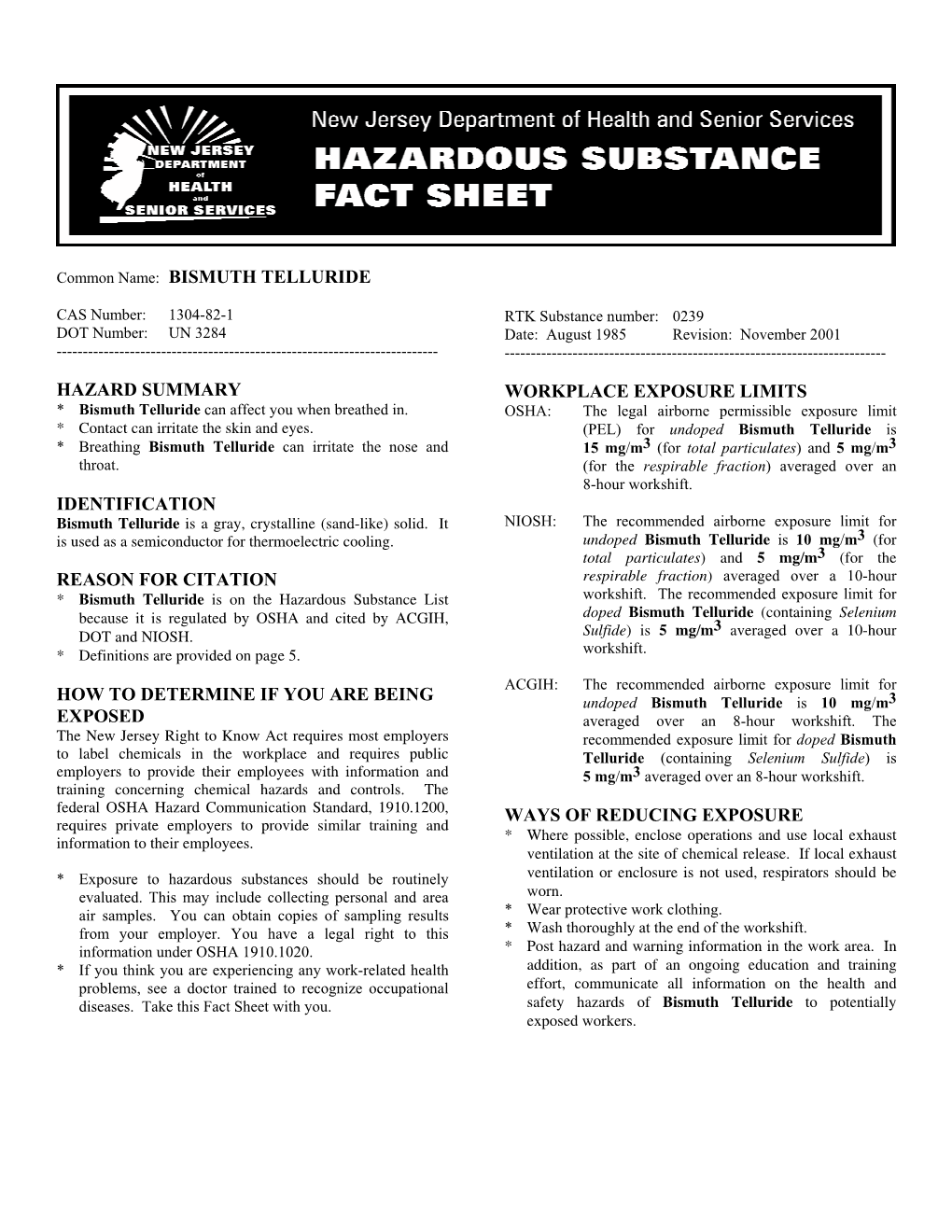 Bismuth Telluride Hazard Summary Identification