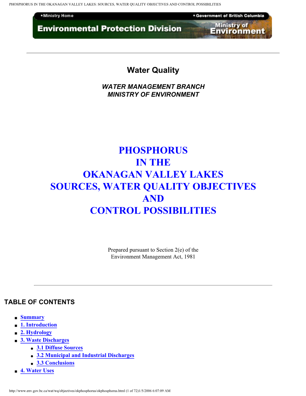 Phosphorus in the Okanagan Valley Lakes: Sources, Water Quality Objectives and Control Possibilities