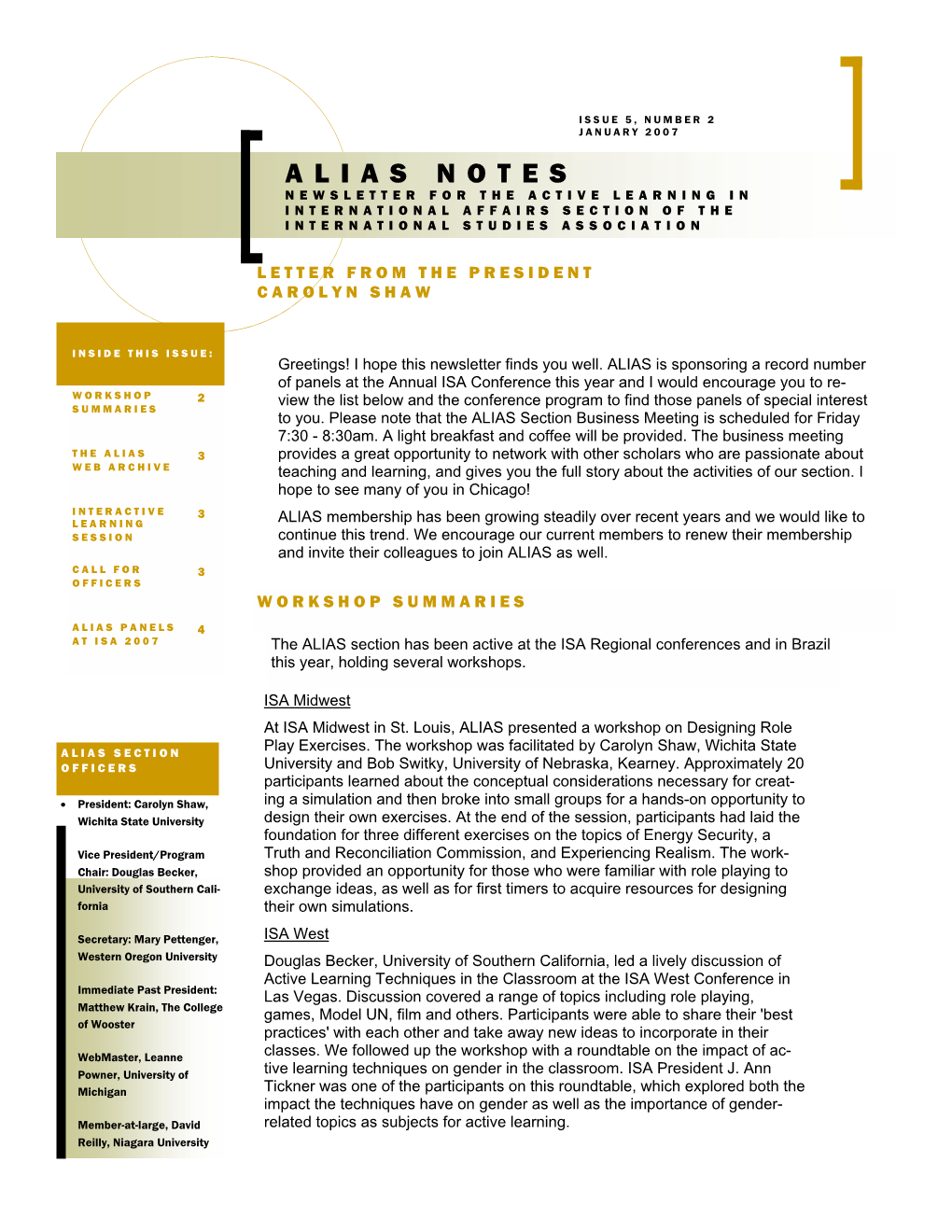 Alias Notes Newsletter for the Active Learning in International Affairs Section of the International Studies Association