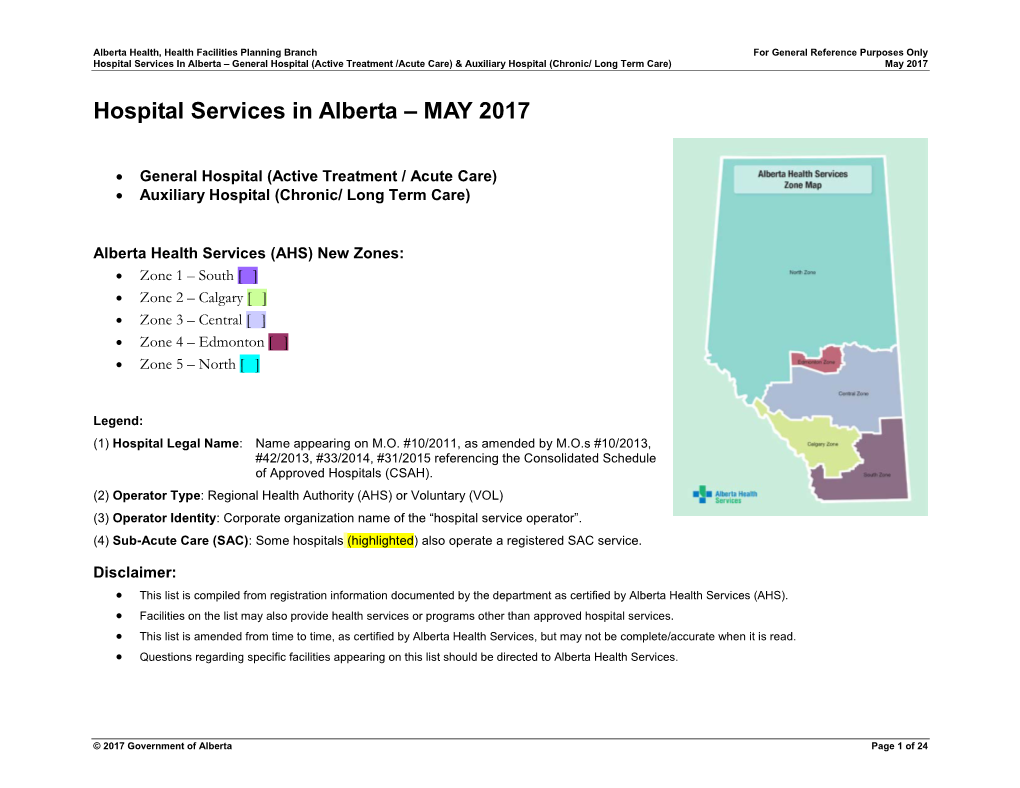 Hospital Services in Alberta – General Hospital (Active Treatment /Acute Care) & Auxiliary Hospital (Chronic/ Long Term Care) May 2017