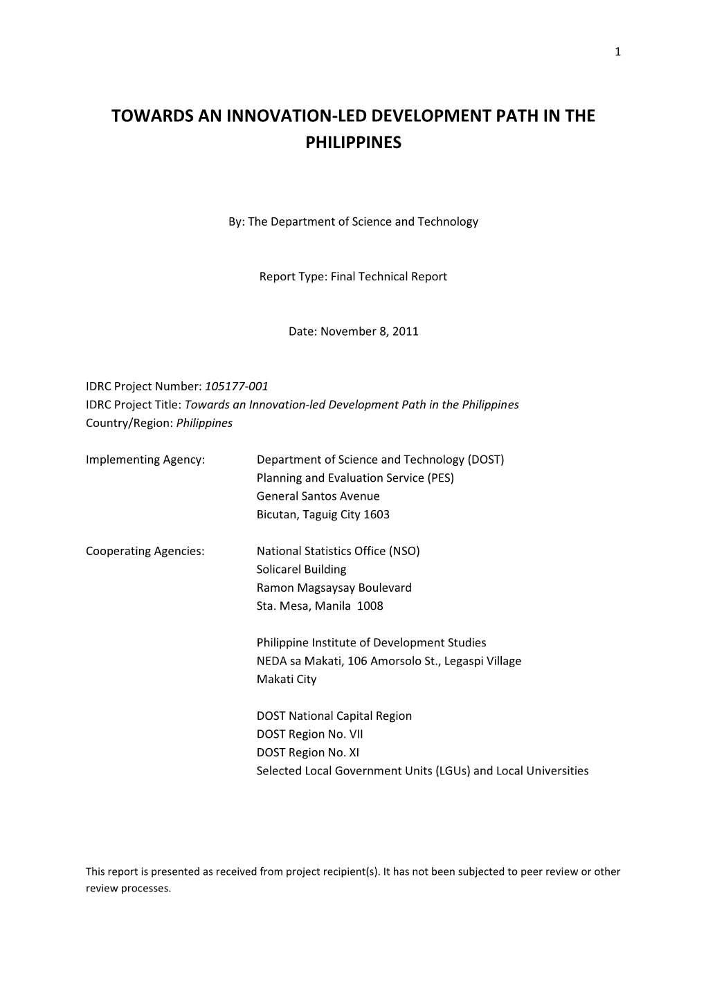 Towards an Innovation-Led Development Path in the Philippines