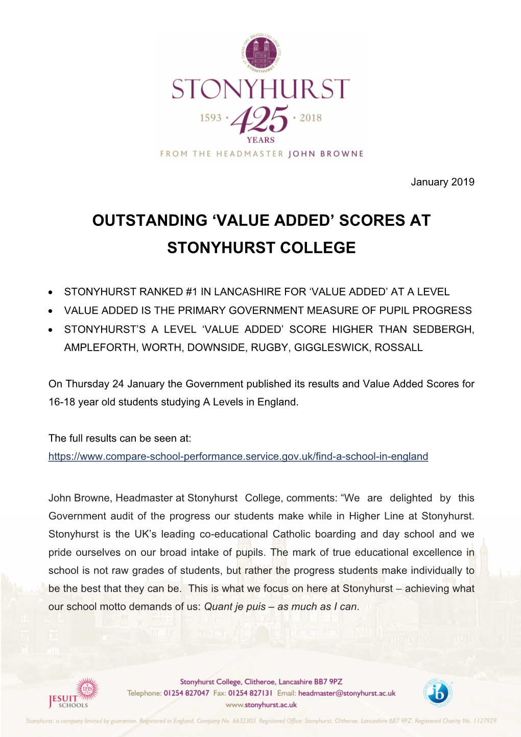 'Value Added' Scores at Stonyhurst College