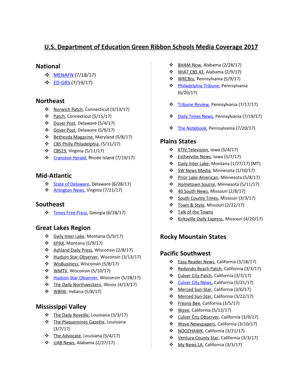 U.S. Department of Education Green Ribbon Schools Media Coverage (MS Word)