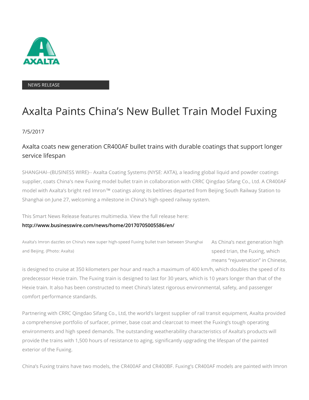 Axalta Paints China's New Bullet Train Model Fuxing