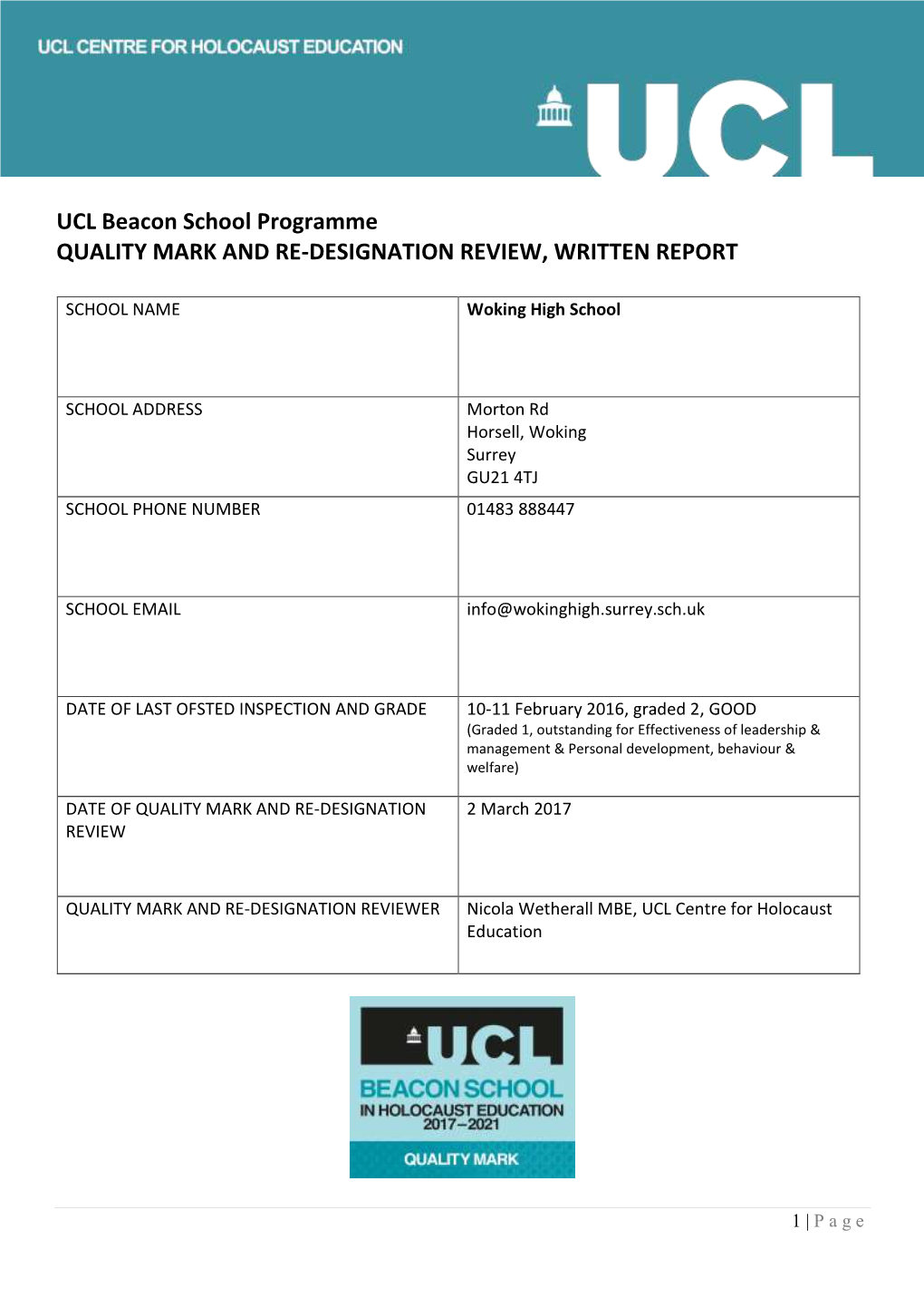 UCL Beacon School Programme QUALITY MARK and RE-DESIGNATION REVIEW, WRITTEN REPORT