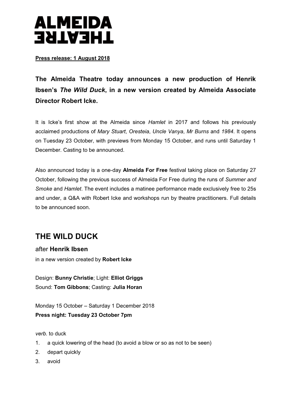 The Wild Duck, in a New Version Created by Almeida Associate Director Robert Icke