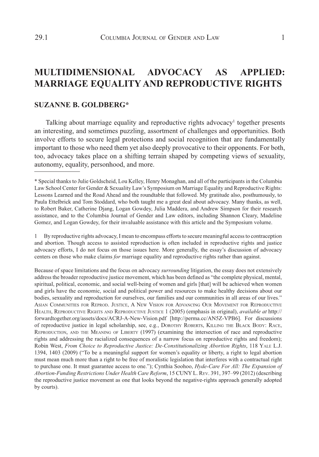 Multidimensional Advocacy As Applied: Marriage Equality and Reproductive Rights