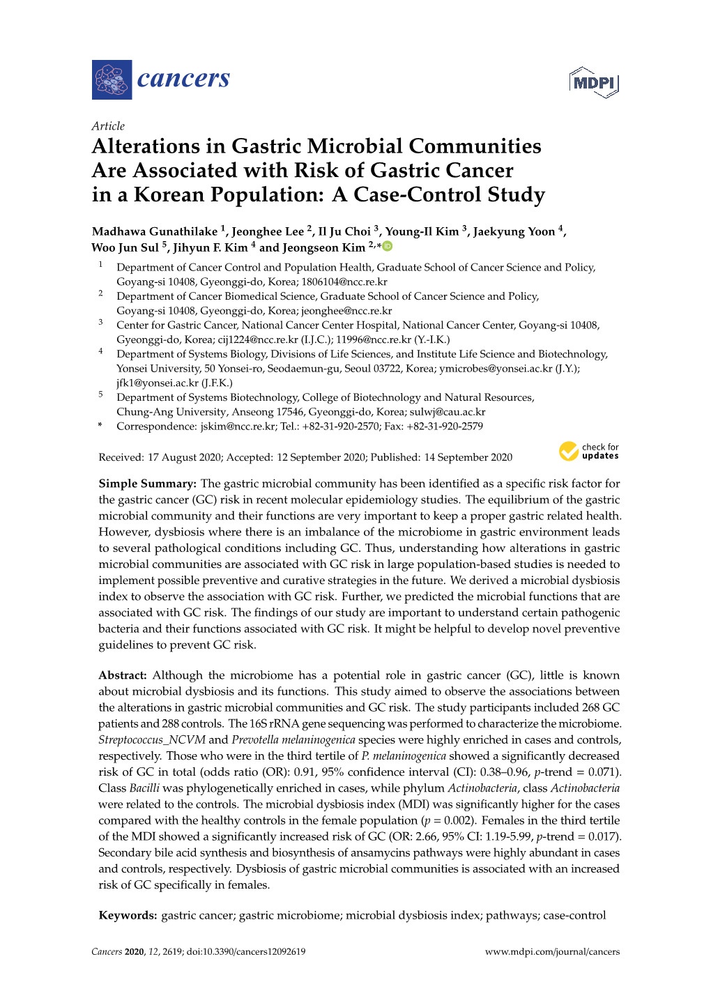 Alterations in Gastric Microbial Communities Are Associated with Risk of Gastric Cancer in a Korean Population: a Case-Control Study