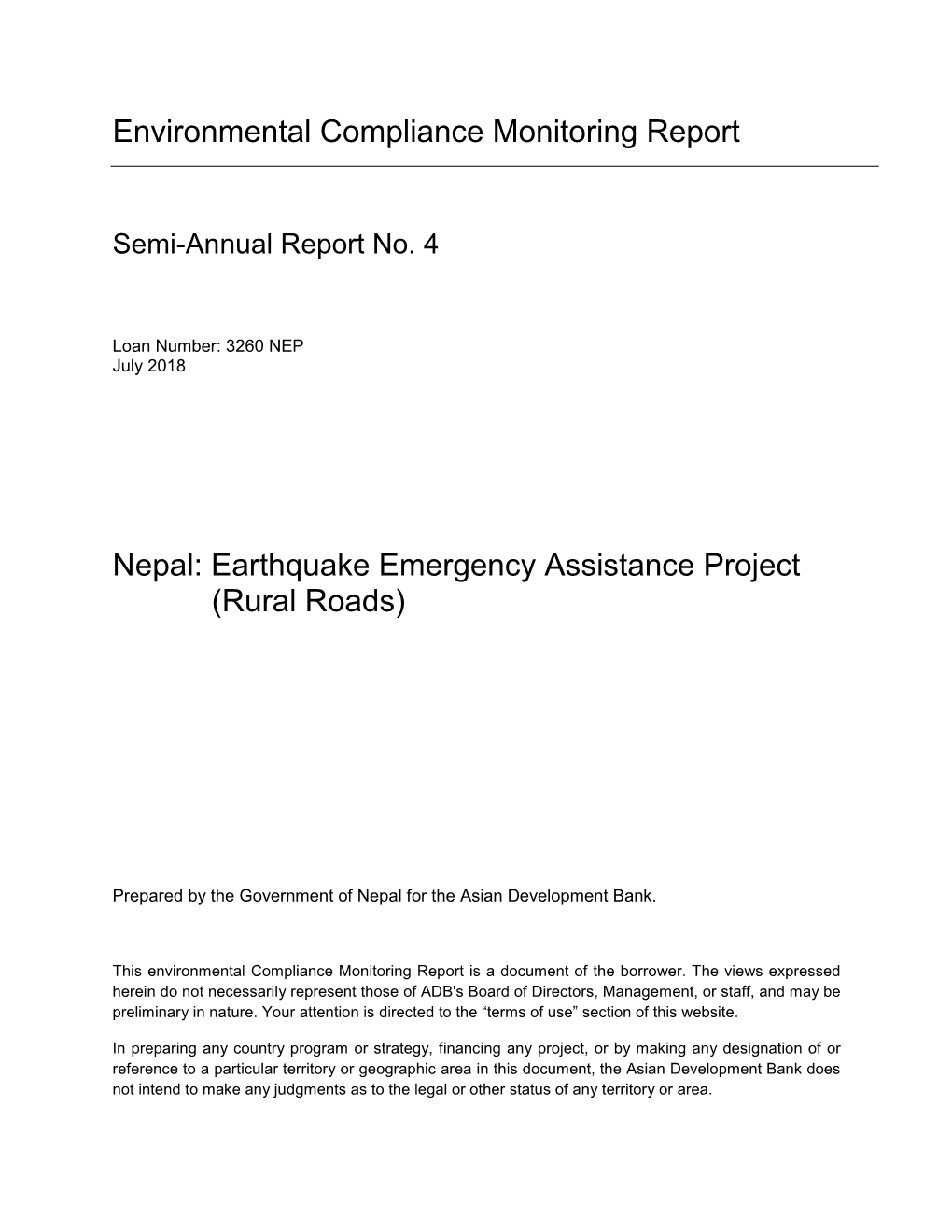 Earthquake Emergency Assistance Project: Semi-Annual Environmental Compliance Monitoring Report No. 4