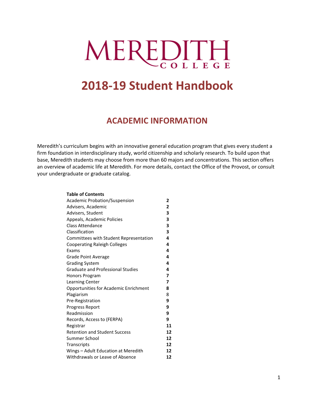 2018-19 Student Handbook Academic Information