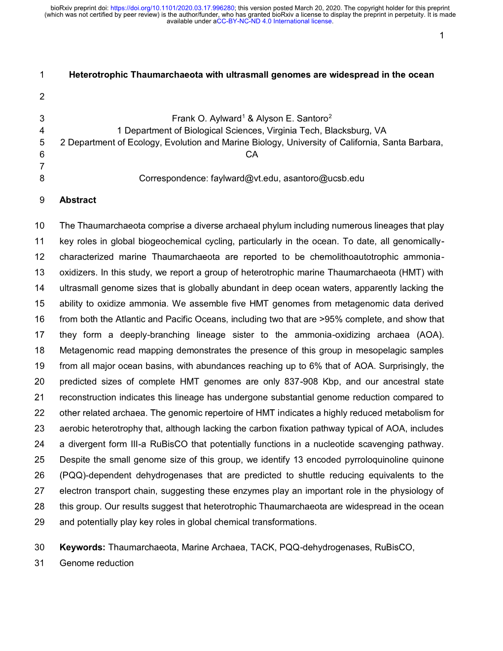 Heterotrophic Thaumarchaeota with Ultrasmall Genomes Are Widespread in the Ocean